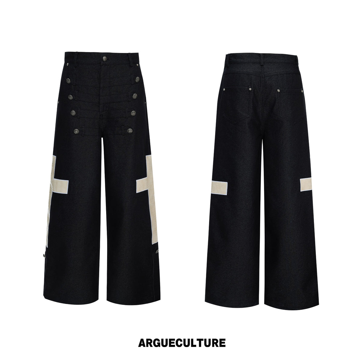 Black wide-leg jeans with button rows and cross patches, front and back views
