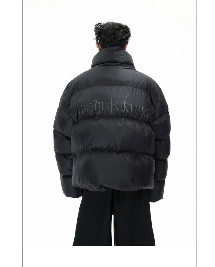 High-Neck Puffer Jacket with Asymmetrical Zipper and Oversized Fit - ArgueCulture