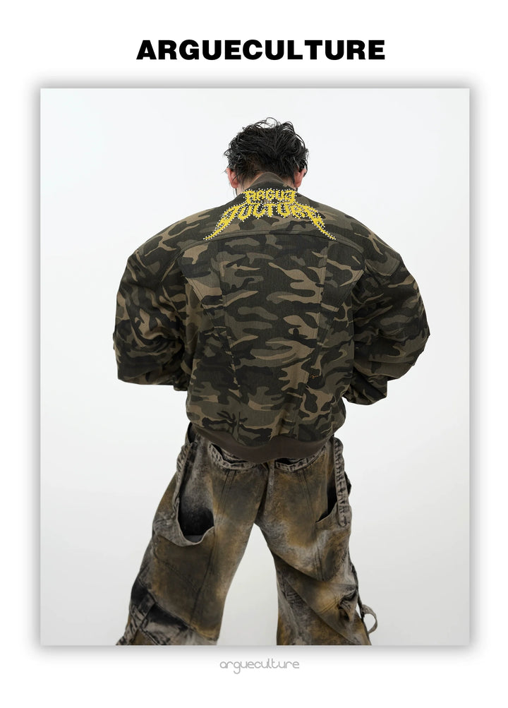 Camo Baseball Jacket with Graffiti and Oversized Pockets - ArgueCulture