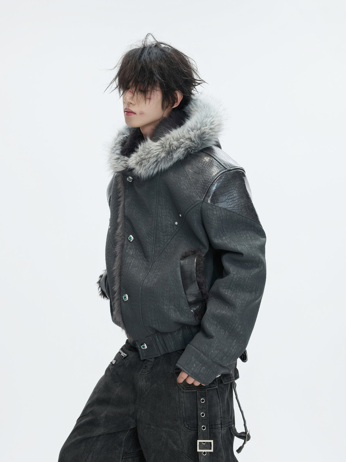 Marbled Faux Wolf-Fur Collar Jacket - product image 3