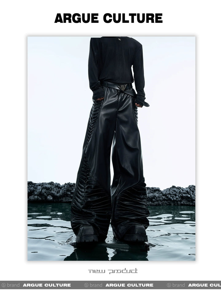 Matte Faux Leather Wrinkle Design Loose Fit Straight Leg Pants - ArgueCulture