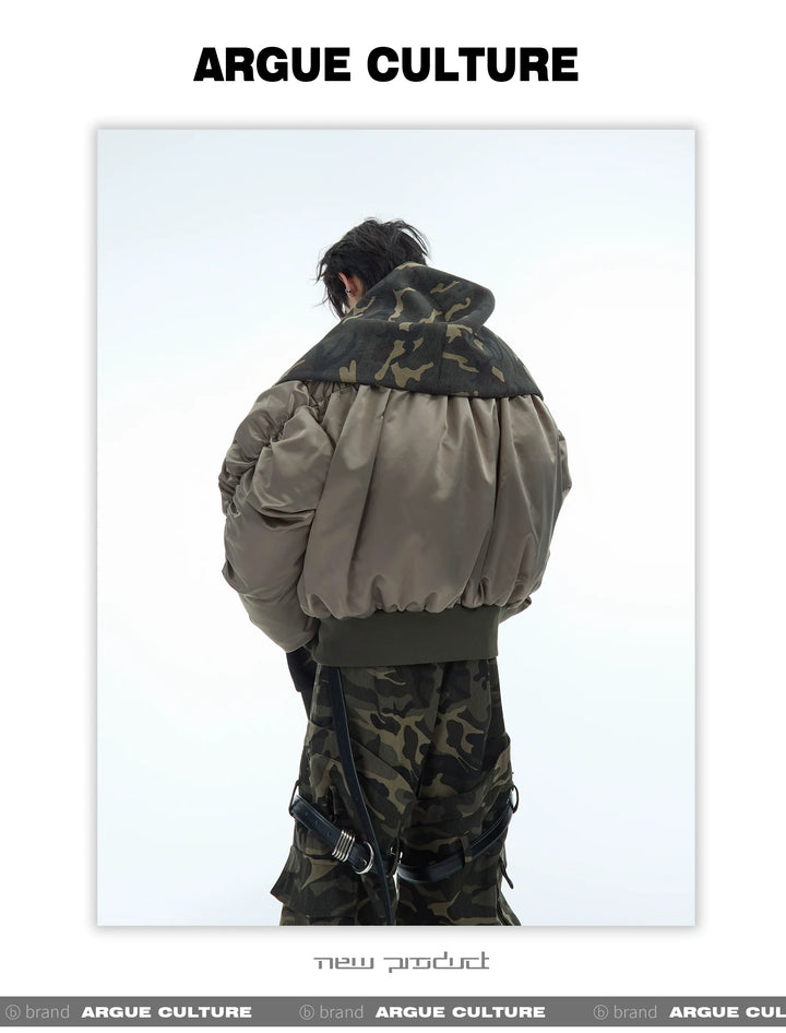 Camouflage Hooded Bomber Jacket with Quilted Sleeves - Winter Warmth - ArgueCulture