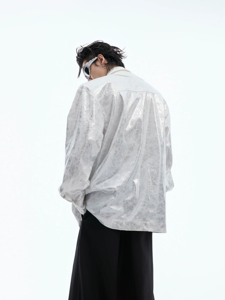 Liquid Metallic Shirt Coat | Padded Shoulders | Faux Two-Piece Design Coat - ArgueCulture