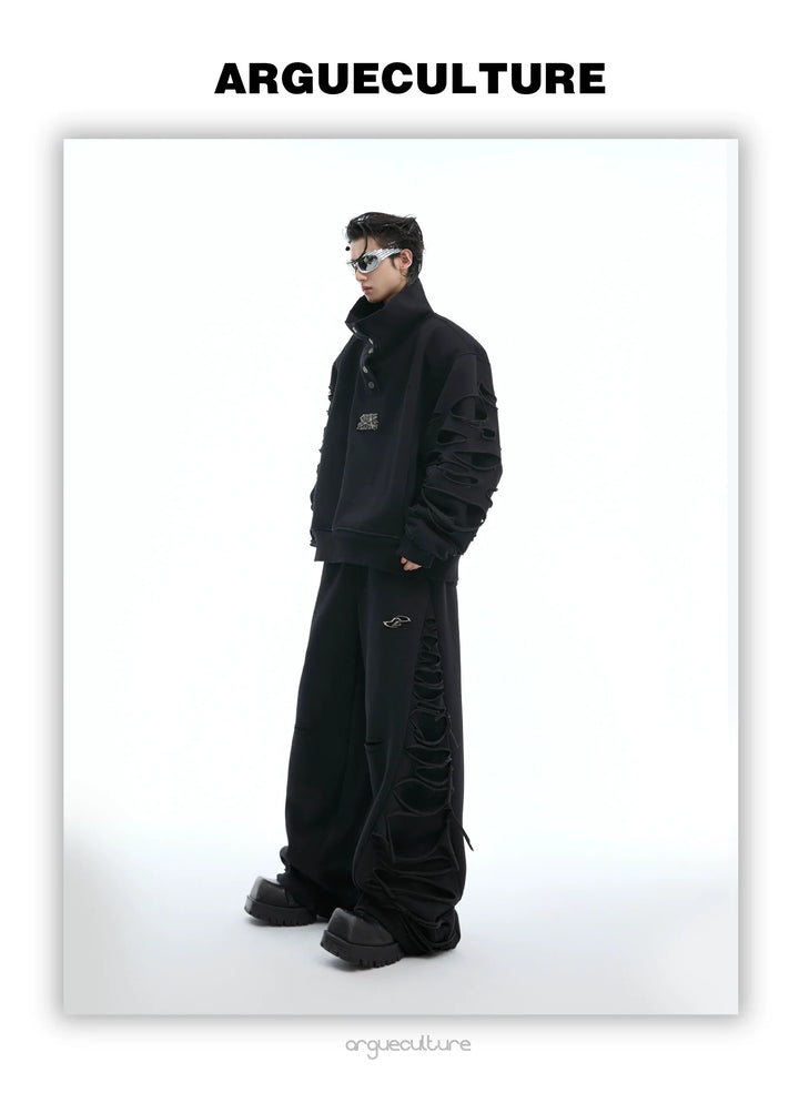 Asymmetrical Cut Fringe Trim Track Suit with Detachable Stand Collar - ArgueCulture