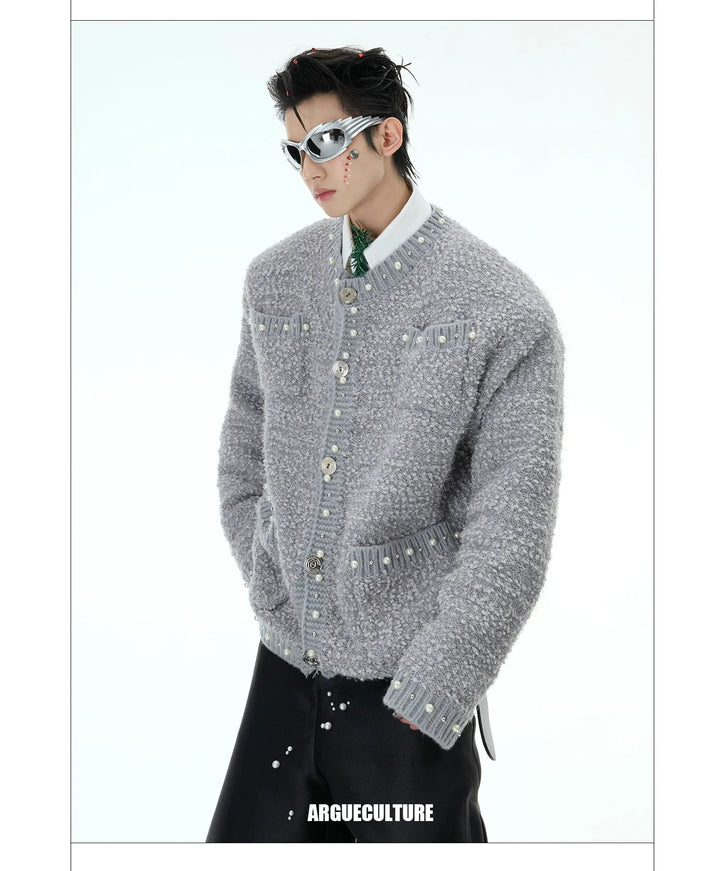 Luxe Pearl-Embellished Knit Cardigan for Unisex - ArgueCulture