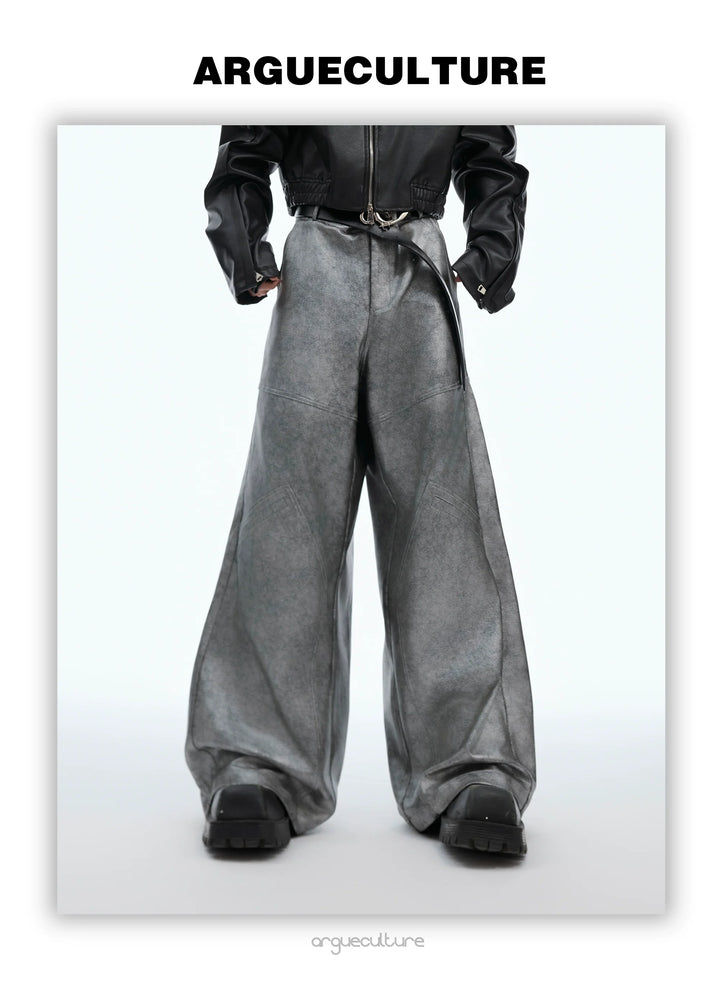 Avant-Garde Silver Wide-Leg Pants with Segmented Lines and Distressed Texture - ArgueCulture