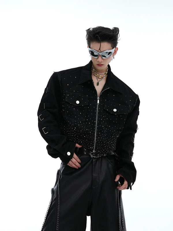 Sparkling Rhinestone Shoulder Pad Short Denim Jacket - ArgueCulture