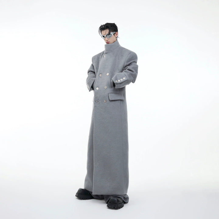 Wool Stand Collar Over Coat with Metal Buckle Accents and Four Pockets - ArgueCulture