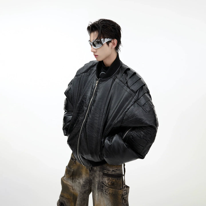 Layered Faux Leather Bomber Jacket with Metallic Accents - ArgueCulture