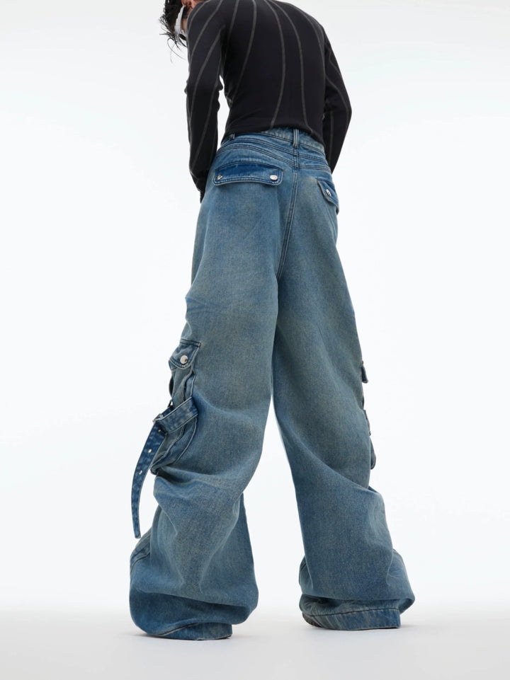 Vintage Wash Pleated Denim Cargo Pants with Multiple Pockets - ArgueCulture