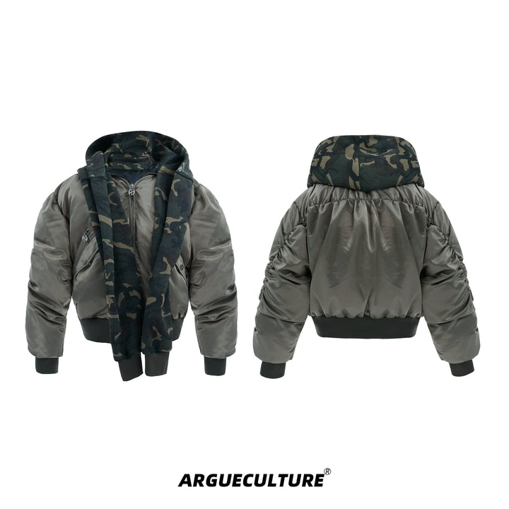 Camouflage Hooded Bomber Jacket with Quilted Sleeves - Winter Warmth - ArgueCulture