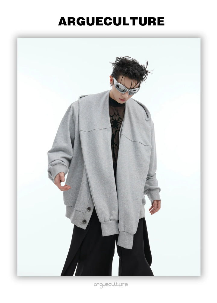 Oversized Hooded Cardigan with Detachable Shoulder Pads and Layered Design - ArgueCulture