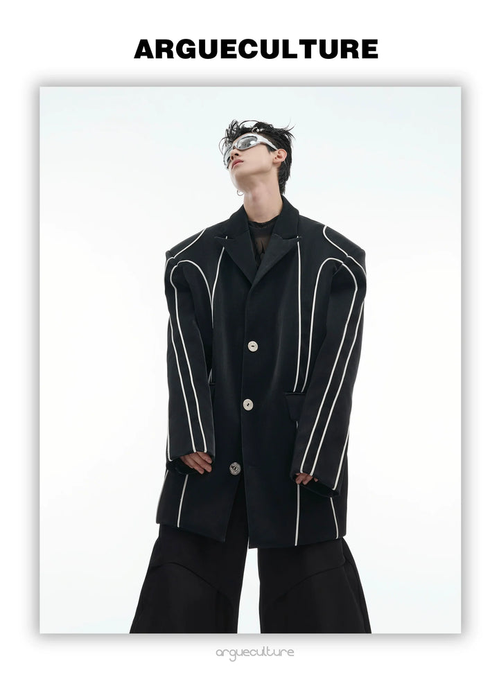 Reflective Strip Faux Leather Blazer with Shoulder Pads - ArgueCulture