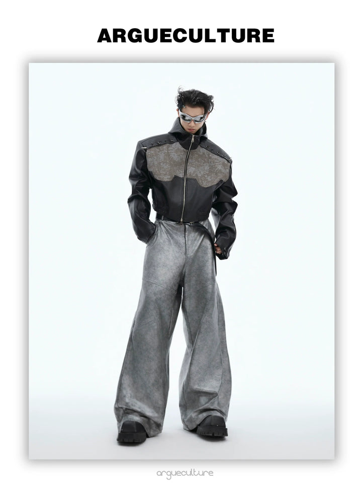 Avant-Garde Silver Wide-Leg Pants with Segmented Lines and Distressed Texture - ArgueCulture