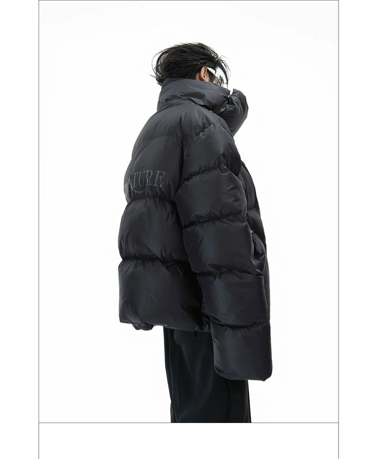 High-Neck Puffer Jacket with Asymmetrical Zipper and Oversized Fit - ArgueCulture