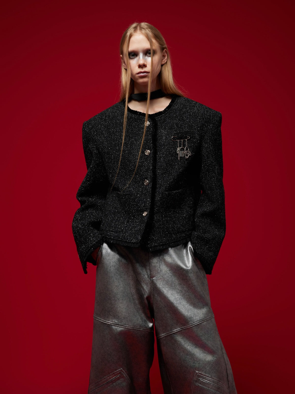 Textured Black Cropped Button Jacket - product image 5