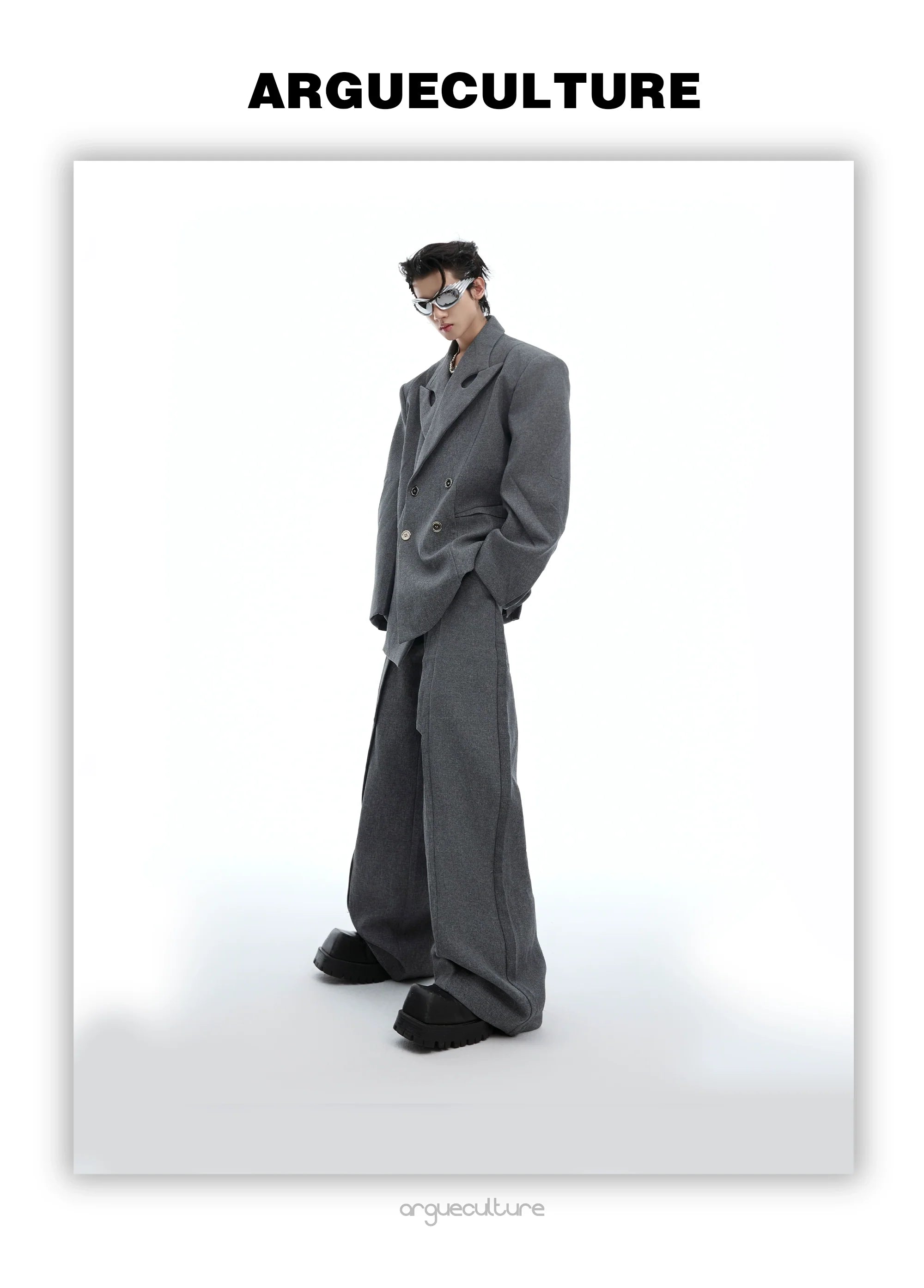 Asymmetrical Collar Blazer with Textured Fabric ¡§C Deconstructed Suit Set - ArgueCulture