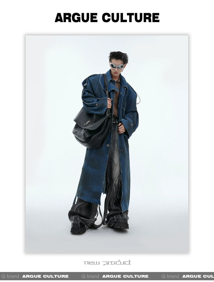 Deconstructed Oversized Denim Trench Coat ¨C Vintage Washed Outerwear - ArgueCulture