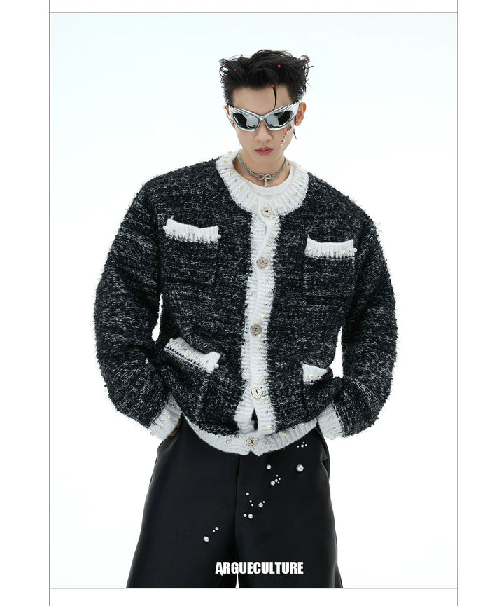 Luxe Pearl-Embellished Knit Cardigan for Unisex - ArgueCulture