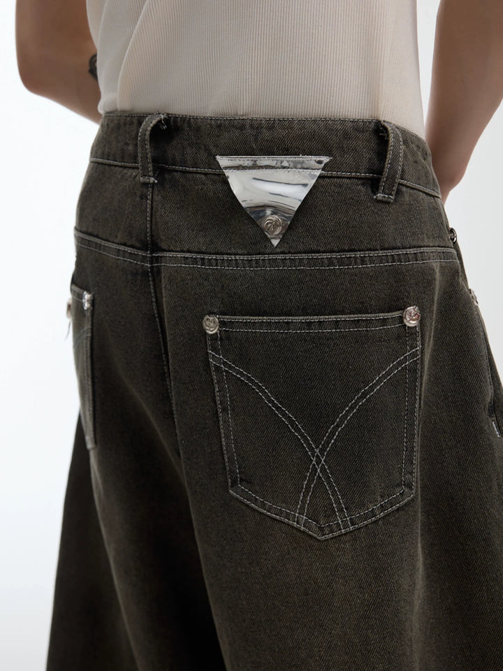 Vintage Washed Denim Pants with Geometric Line and Irregular Cut - ArgueCulture