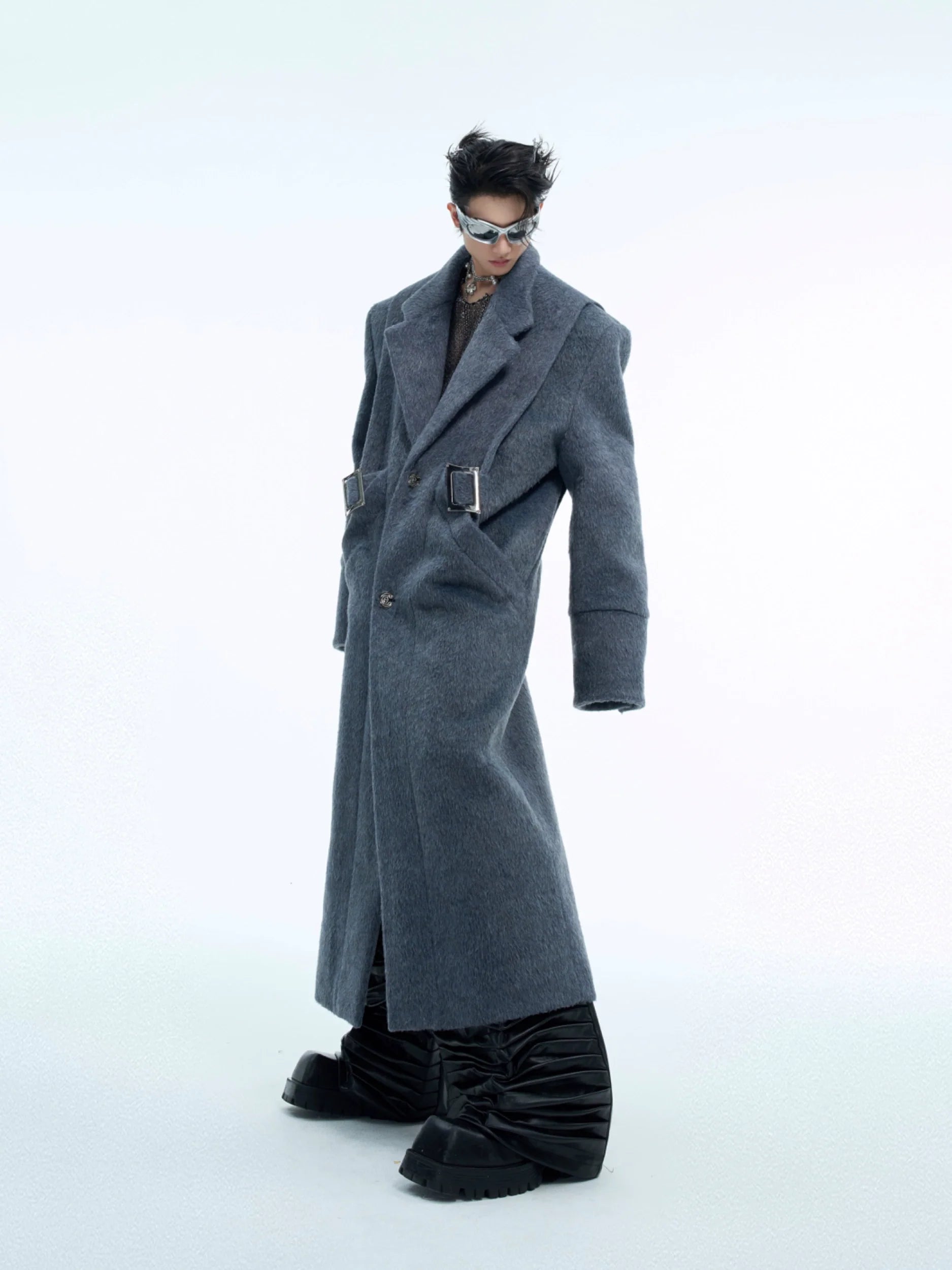 Metal Buckle Wool Coat with Shoulder Pads & Belt for Fall Winter - ArgueCulture