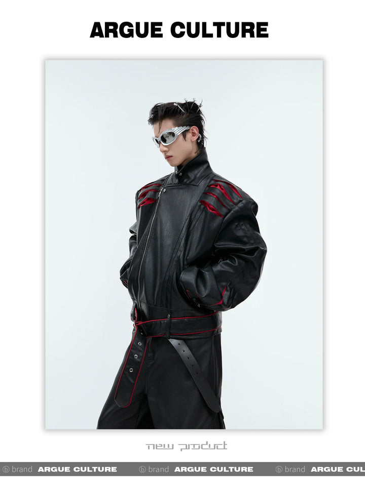 Folding Spine Pleat Short Leather Biker Jacket - ArgueCulture