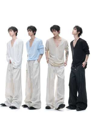 Deep V-Neck Linen-Blend Long-Sleeve Tee - product image 3