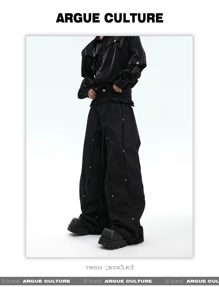 Trendy Deconstructed Pleated Cargo Pants with Silver Accents - ArgueCulture