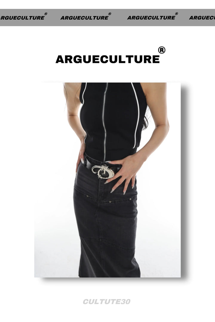 Avant-Garde Asymmetric PU Leather Belt with Metallic Logo - ArgueCulture