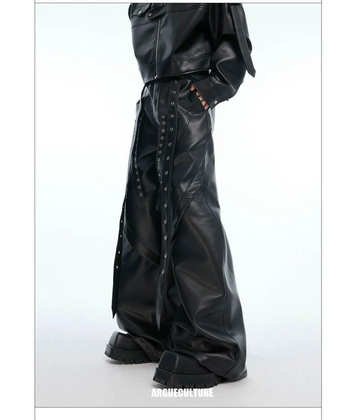 Deconstructed Punk Rivet PU Leather Wide-Leg Pants - ArgueCulture