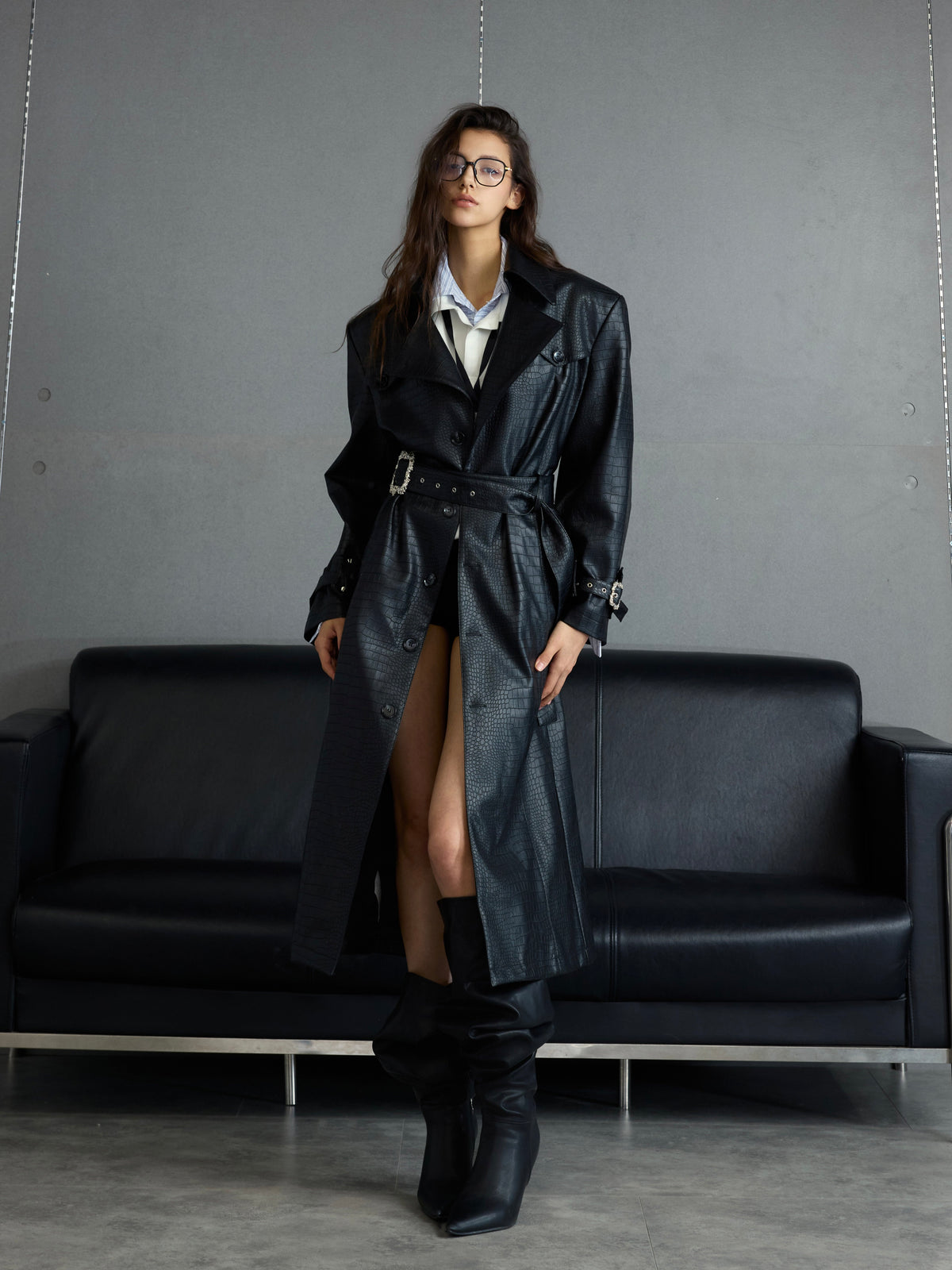 Crocodile-Texture Wide-Shoulder Trench Coat - product image 2