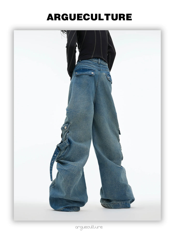 Vintage Wash Pleated Denim Cargo Pants with Multiple Pockets - ArgueCulture