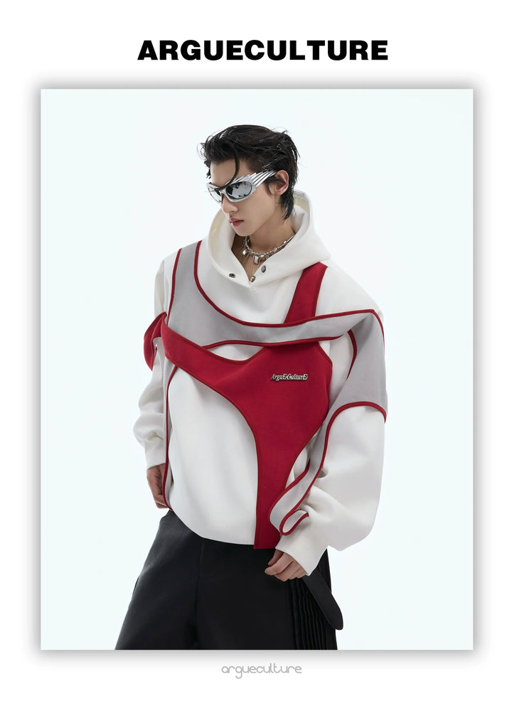 Layered Contrast Hoodie with Strap Design and Detachable Shoulder Pads - ArgueCulture