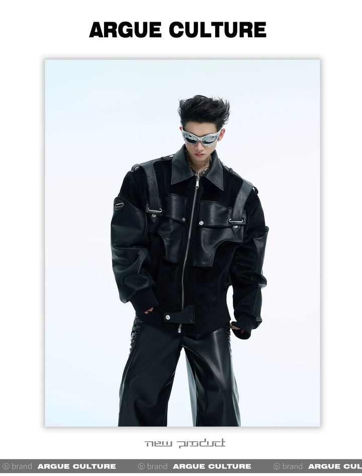 Dual-Fabric Deconstructed PU Leather & Plush Short Bomber Jacket - ArgueCulture