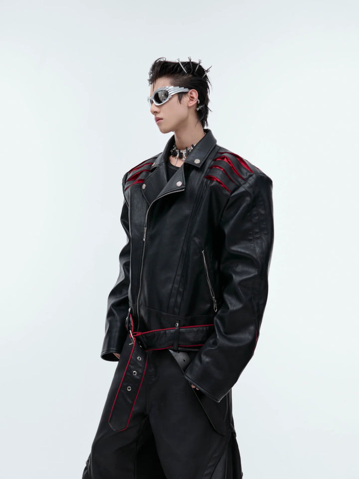 Folding Spine Pleat Short Leather Biker Jacket - ArgueCulture