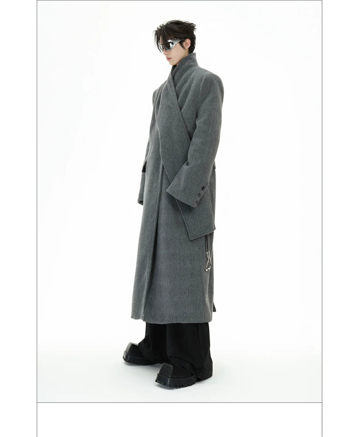 Metal Strap Wool Long Coat with Oversized Scarf Lapel - ArgueCulture