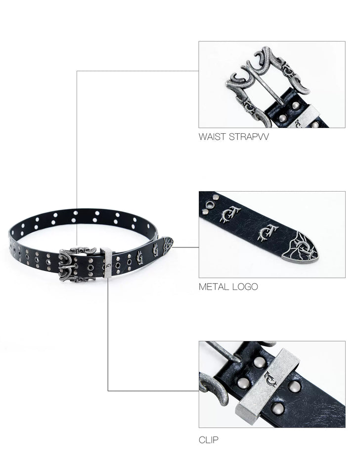 Retro Punk Genuine Leather Belt with Rivet and Metallic Logo - ArgueCulture