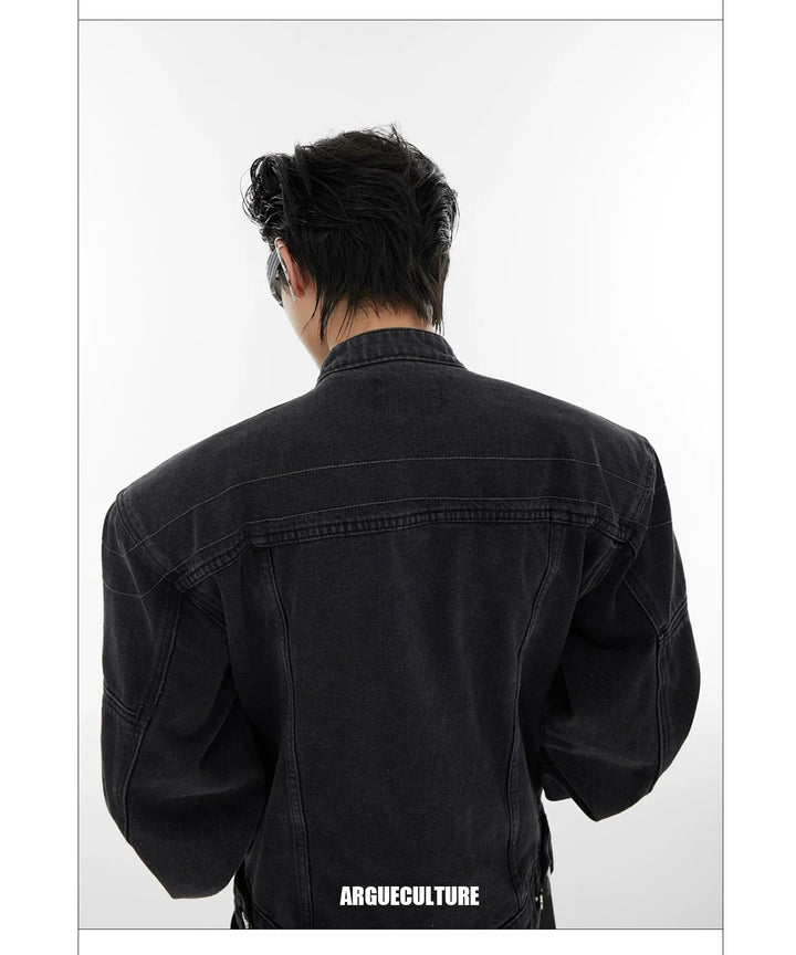 Washed Denim Jacket with Metal Spike Details & Shoulder Pads - ArgueCulture