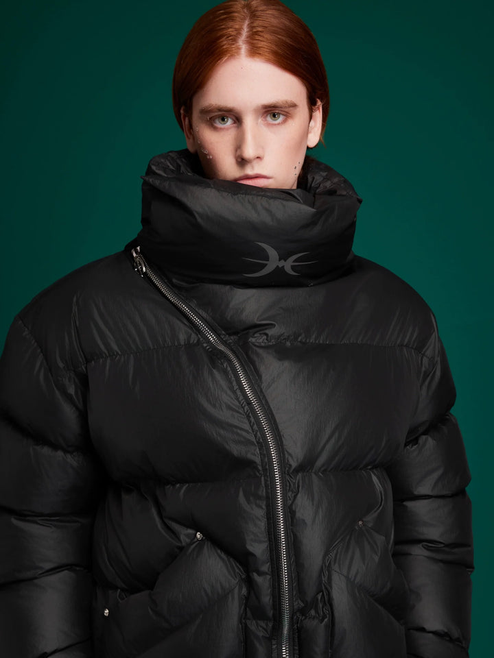 High-Neck Puffer Jacket with Asymmetrical Zipper and Oversized Fit - ArgueCulture