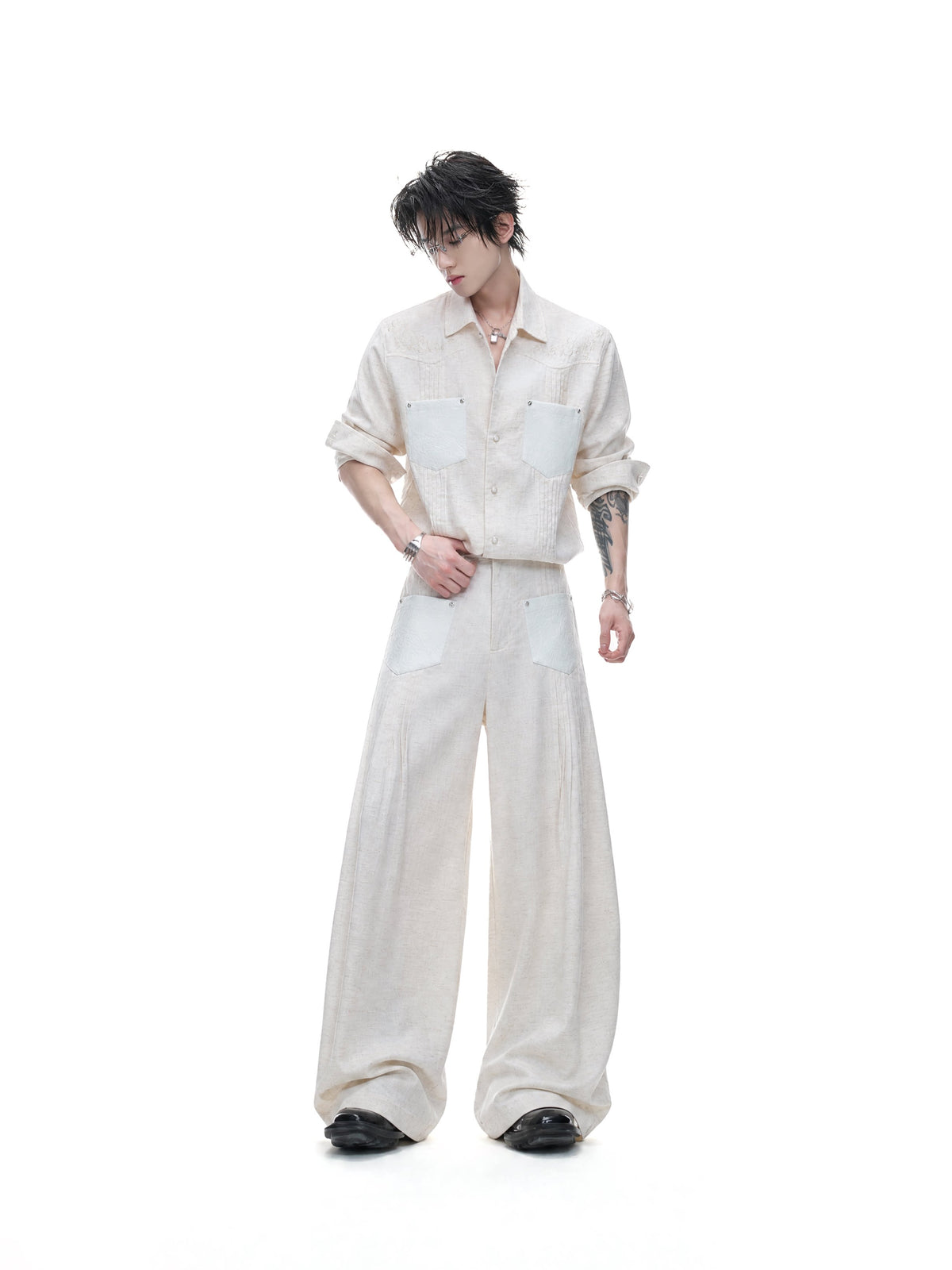 Embroidered Stripe Shirt & Wide-Leg Pants - product image 1
