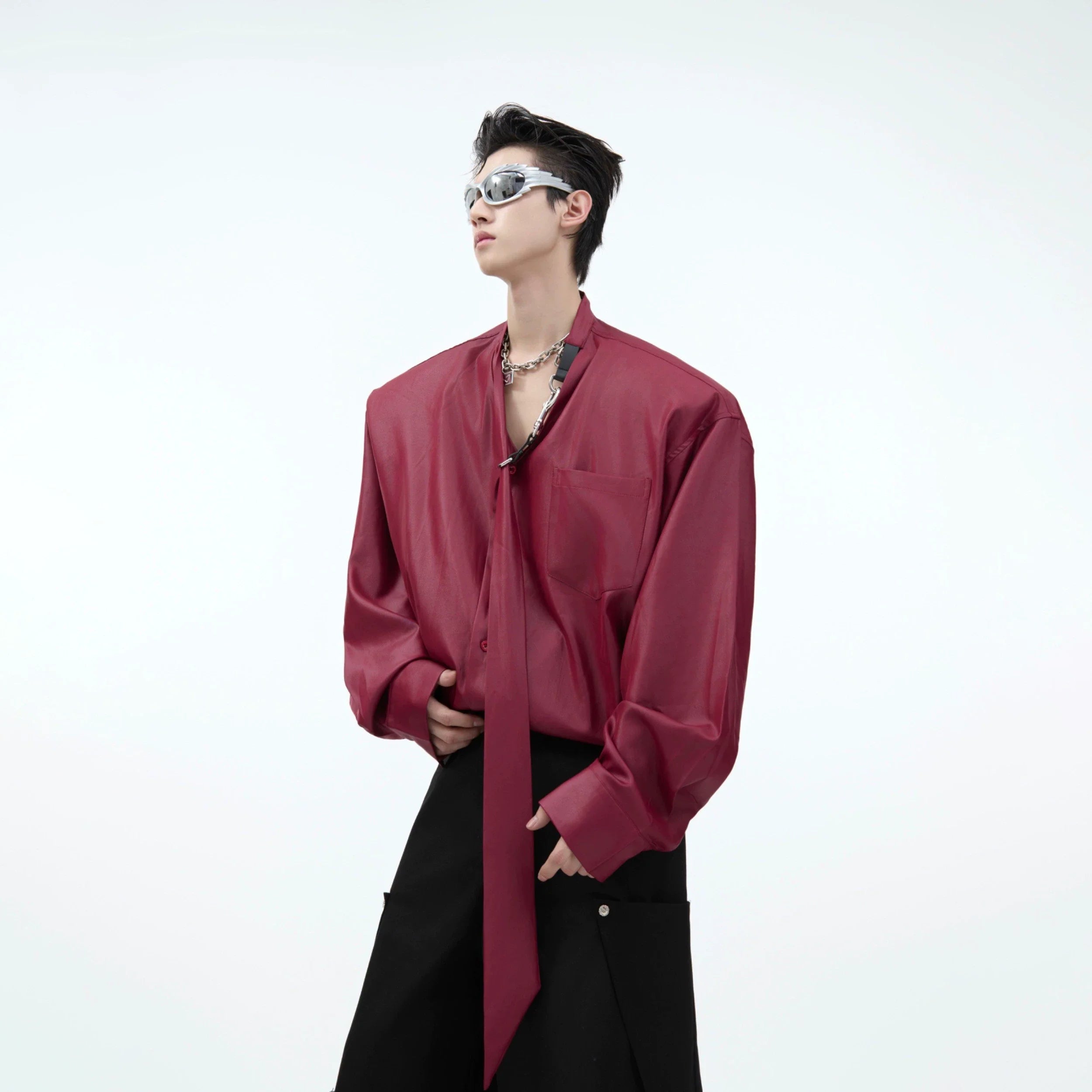 Lustrous Tie-Detailed Shirt ¡§C Modern Elegance with Metallic Accents - ArgueCulture