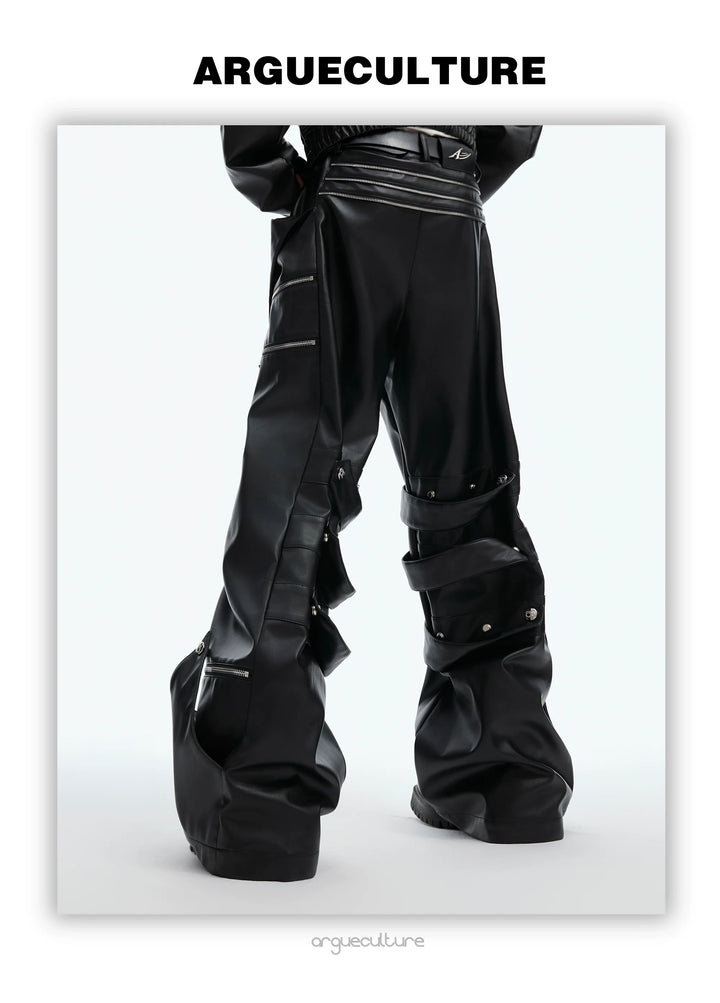 Punk Faux Leather Cargo Pants with Multi-Layer Straps - ArgueCulture