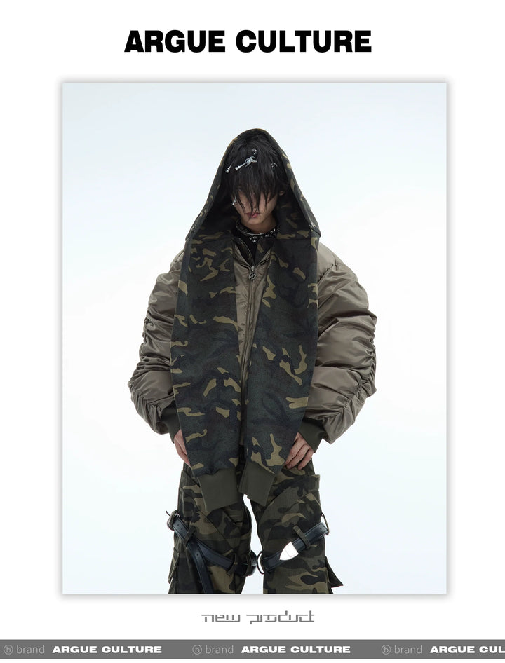 Camouflage Hooded Bomber Jacket with Quilted Sleeves - Winter Warmth - ArgueCulture