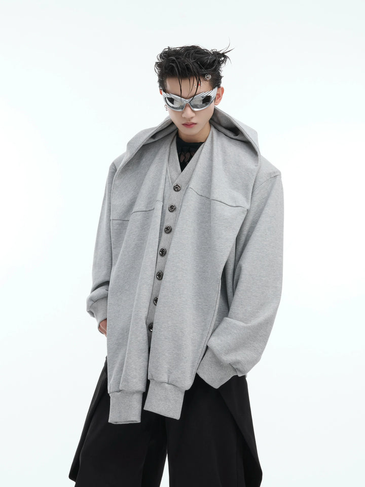 Oversized Hooded Cardigan with Detachable Shoulder Pads and Layered Design - ArgueCulture