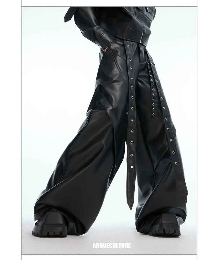 Deconstructed Punk Rivet PU Leather Wide-Leg Pants - ArgueCulture