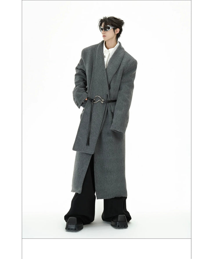 Metal Strap Wool Long Coat with Oversized Scarf Lapel - ArgueCulture