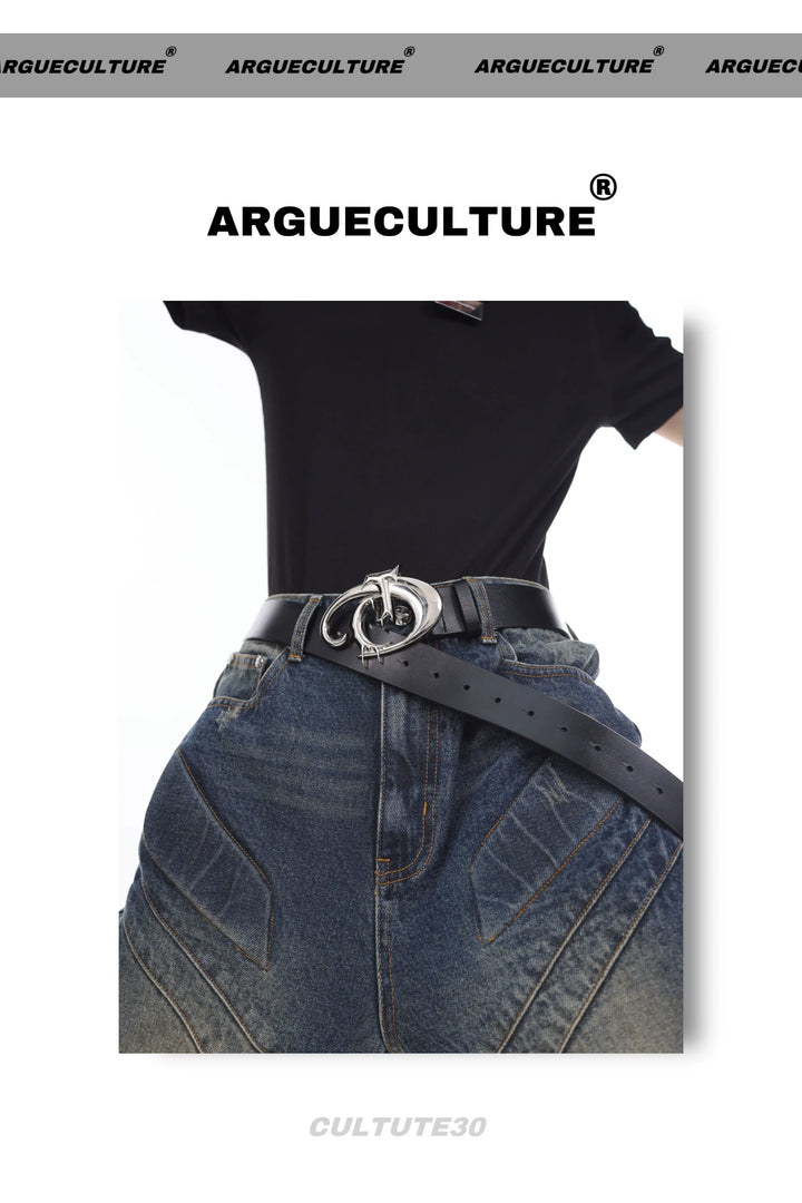 Avant-Garde Asymmetric PU Leather Belt with Metallic Logo - ArgueCulture