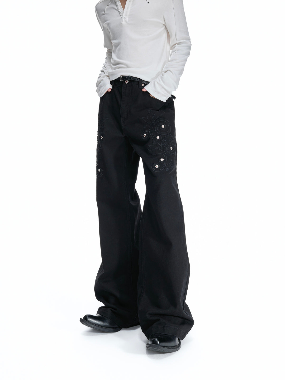 Floral Embroidered Rivet Raw Denim Jeans - product image 2