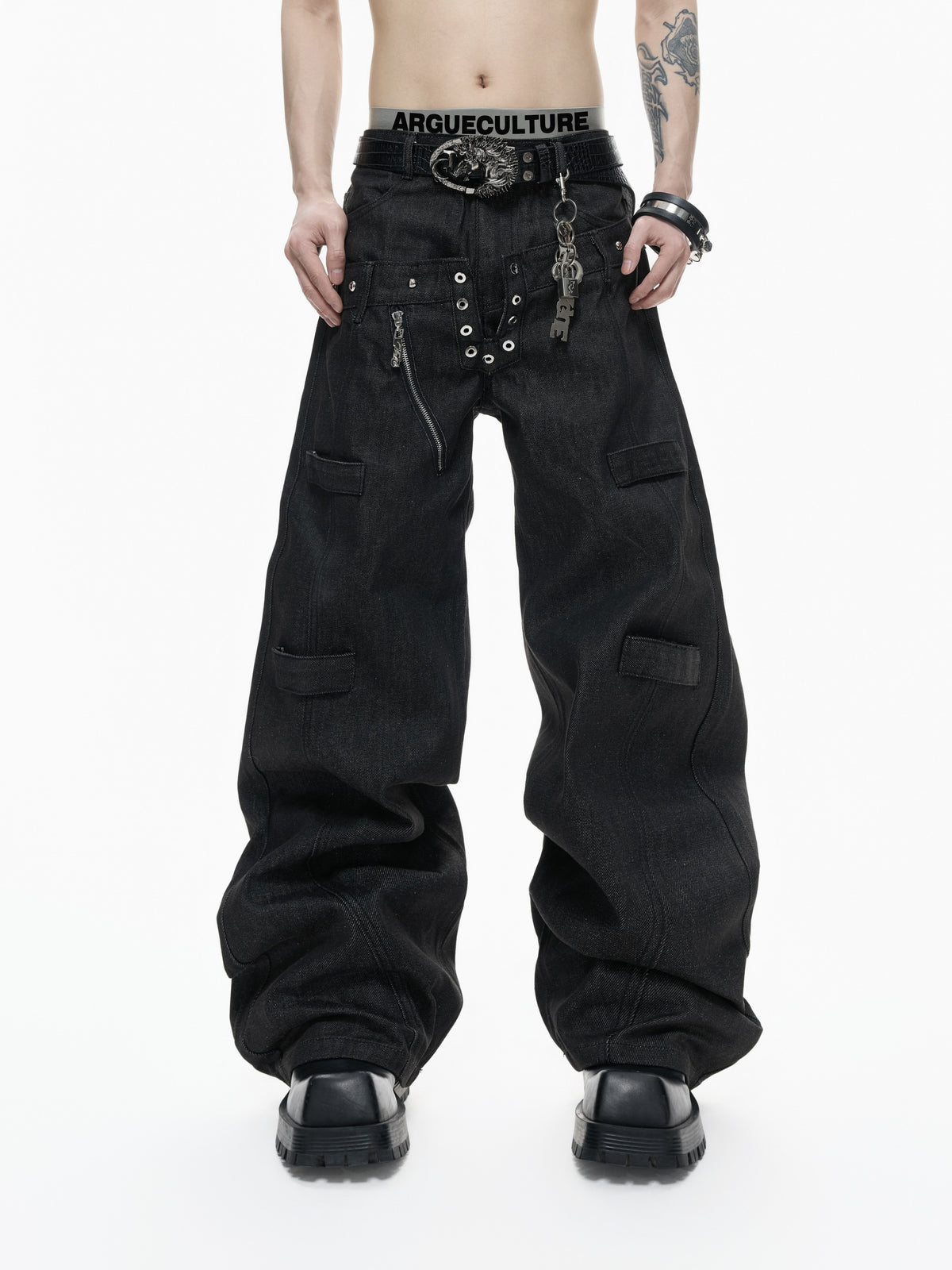 Black Raw Denim Double-Waist Jeans - product image 1