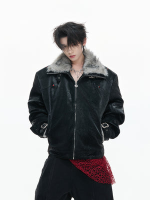 Snake-Embossed Down Leather Jacket - product image 4
